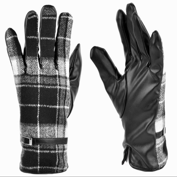 PLAID Black Touch Screen Compatible Vegan Leather Gloves - Picture 1 of 5